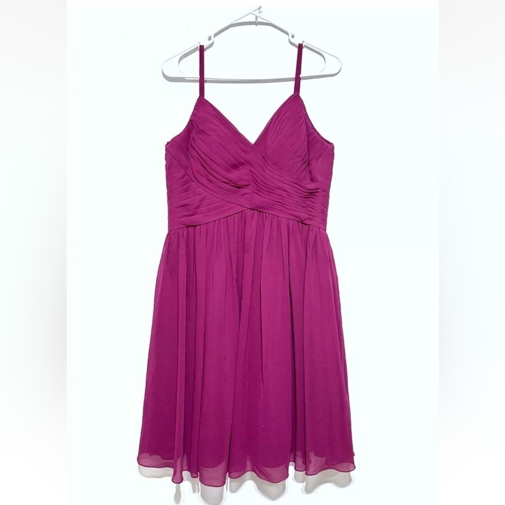 Azazie Sonia Bridesmaid Size A12 In Fuschia Midi Pleated Chiffon Dress
